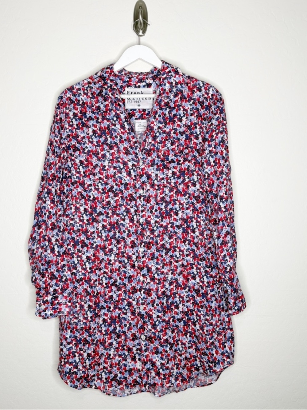 Frank & Eileen Mary Shirt Dress 100% Linen Floral Print Red Blue XS Button Down